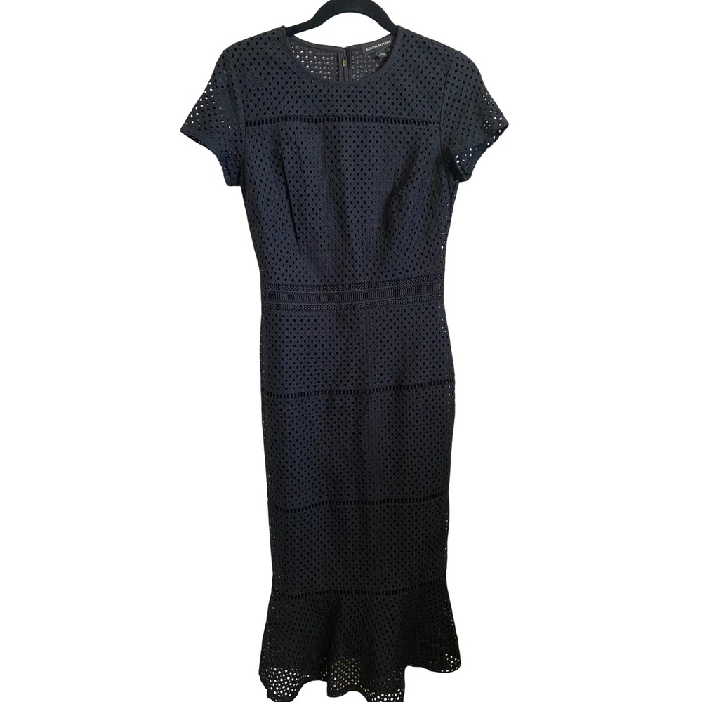 Banana Republic Black Eyelet Sheath Midi Dress Flounce Hem 2
